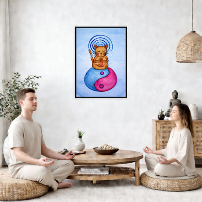 Brown cat meditating on a yin yang symbol with its crown chakra glowing framed poster.  This is a print of the original hand-painted watercolor by Brazilian artist Thaís Suizo. The poster is in the center of the living room wall. Two friends are sitting on wicker pillows meditating. Between them is a small round coffee table with incense, a green potted plant and a bowl of shells. There is a potted plant to the left and a Buddha statue and a vase to the right. 