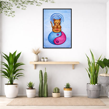 Brown cat meditating on a yin yang symbol with its crown chakra glowing framed poster.  This is a print of the original hand-painted watercolor by Brazilian artist Thaís Suizo.  The poster is in the center of the living room wall. Below the poster is an empty bench. Below the bench is a variety of green potted plants including a few cactus.
