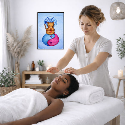 Brown cat meditating on a yin yang symbol with its crown chakra glowing framed poster.  This is a print of the original hand-painted watercolor by Brazilian artist Thaís Suizo. The poster is on the wall of the office of a reiki master. The master is giving her client a massage. The client is lying face up on a massage table wearing a white towel. To the left is a window, floor plant and vase of dry flora. There is a shelf underneath the poster with candles burning. On the right side there is a candle.