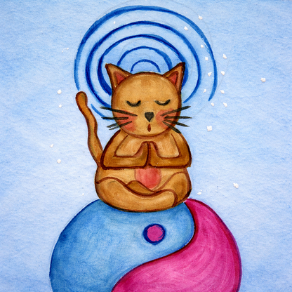 Brown cat meditating on a yin yang symbol with its crown chakra glowing framed poster.  This is a thumbnail of the original hand-painted watercolor by Brazilian artist Thaís Suizo.