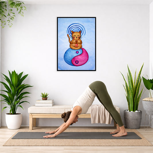 Brown cat meditating on a yin yang symbol with its crown chakra glowing framed poster.  This is a print of the original hand-painted watercolor by Brazilian artist Thaís Suizo.  The poster is in the center of the living room wall. Below the poster a woman is doing the yoga posture downward facing dog on a yoga mat.
