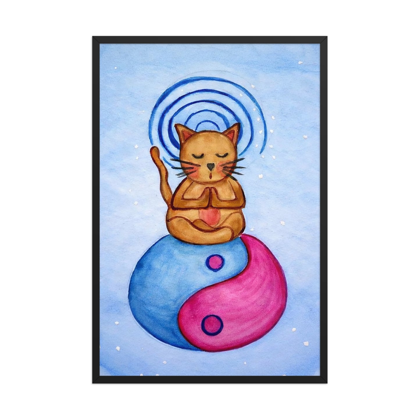Brown cat meditating on a yin yang symbol with its crown chakra glowing framed poster.  This is a print of the original hand-painted watercolor by Brazilian artist Thaís Suizo. 