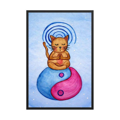 Brown cat meditating on a yin yang symbol with its crown chakra glowing framed poster.  This is a print of the original hand-painted watercolor by Brazilian artist Thaís Suizo. 