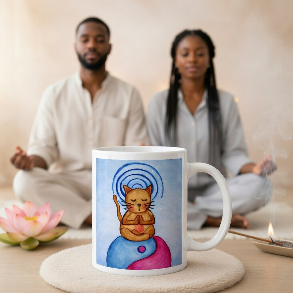 Brown cat meditating on top of a blue and magenta Tao symbol with a glowing crown chakra above its head meditation mug.  A large mug is at the bottom front displaying the design. There is a couple meditating in the background. Incense is burning to the right of the mug. There is a lotus flower to the mug's left.