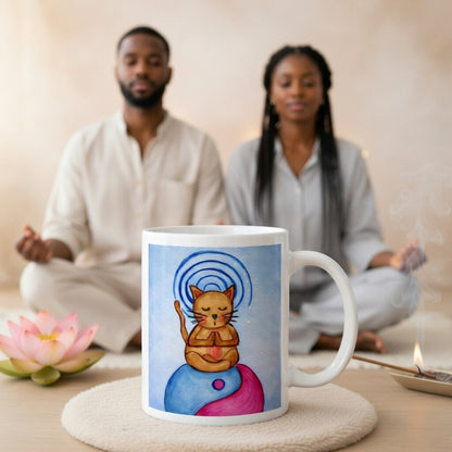 Brown cat meditating on top of a blue and magenta Tao symbol with a glowing crown chakra above its head meditation mug.  A large mug is at the bottom front displaying the design. There is a couple meditating in the background. Incense is burning to the right of the mug. There is a lotus flower to the mug's left.