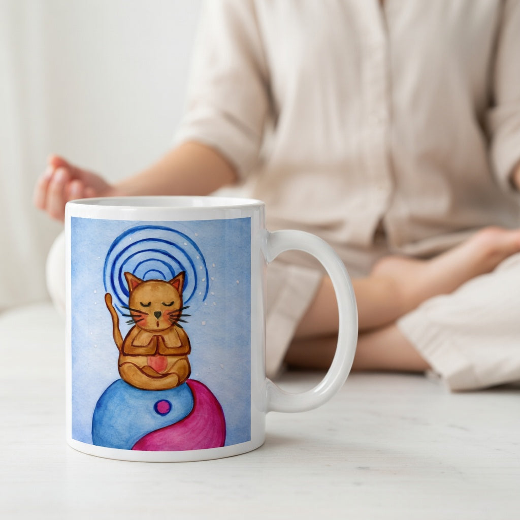 Brown cat meditating on top of a blue and magenta Tao symbol with a glowing crown chakra above its head meditation mug.  A woman is meditating in the background.