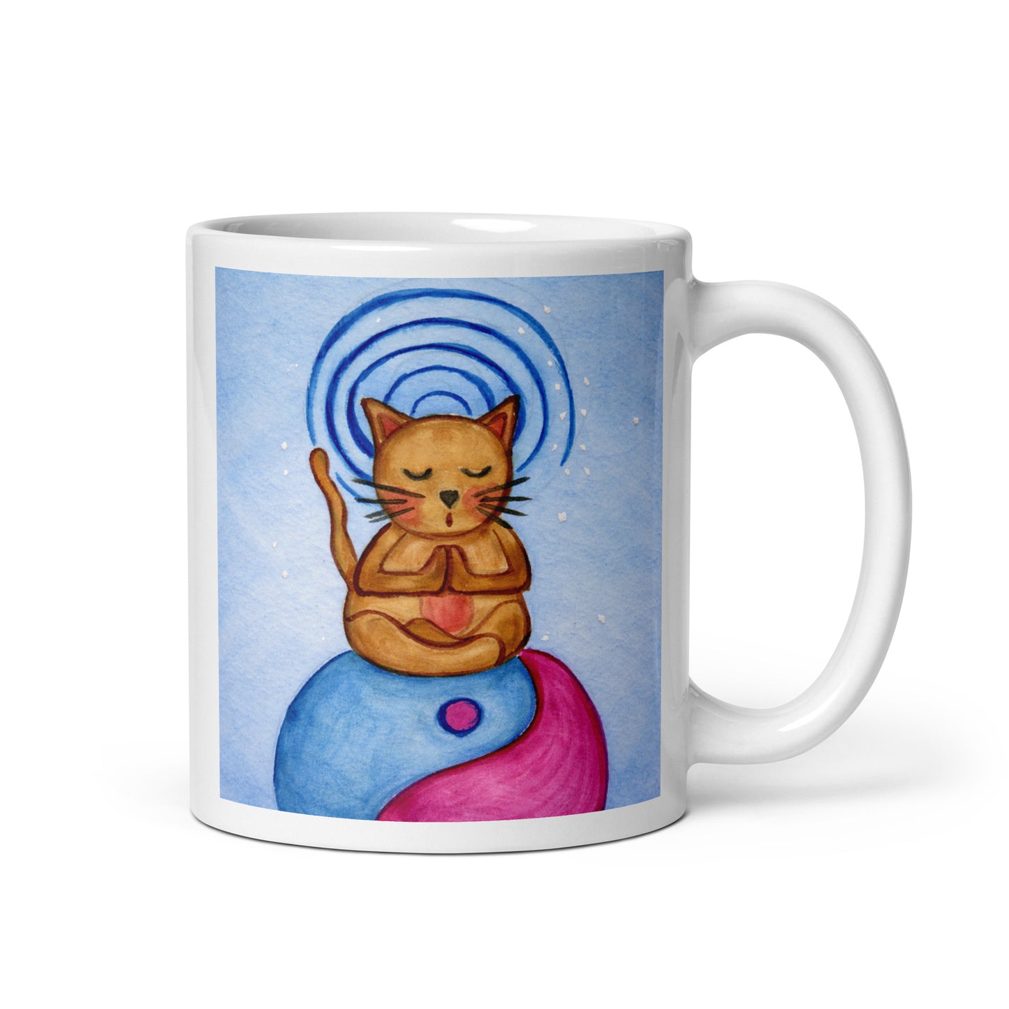 Brown cat meditating on top of a blue and magenta Tao symbol with a glowing crown chakra above its head meditation mug. This illustration of a cat meditating is on both sides of the mug. In this image the handle of the mug is on the right side.