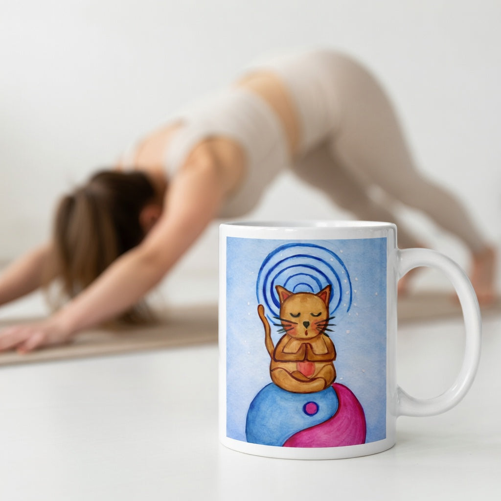 Brown cat meditating on top of a blue and magenta Tao symbol with a glowing crown chakra above its head meditation mug.  The mug is in front of a woman doing the yoga posture downward facing dog.