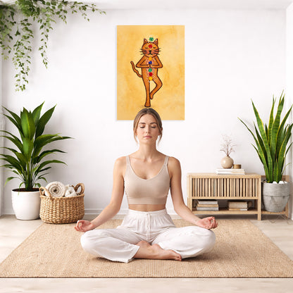 Brown cat in standing meditation with its chakras glowing canvas. This is a print of the original hand-painted watercolor by Brazilian artist Thaís Suizo for the LET'S MEDITATE SERIES of mediation guides.  The poster is in the center of the living room wall. There is a woman meditating facing away from the wall. Behind her is a coffee table with incense and a Buddha statue. There are potted plants on the right and left side of the background.
