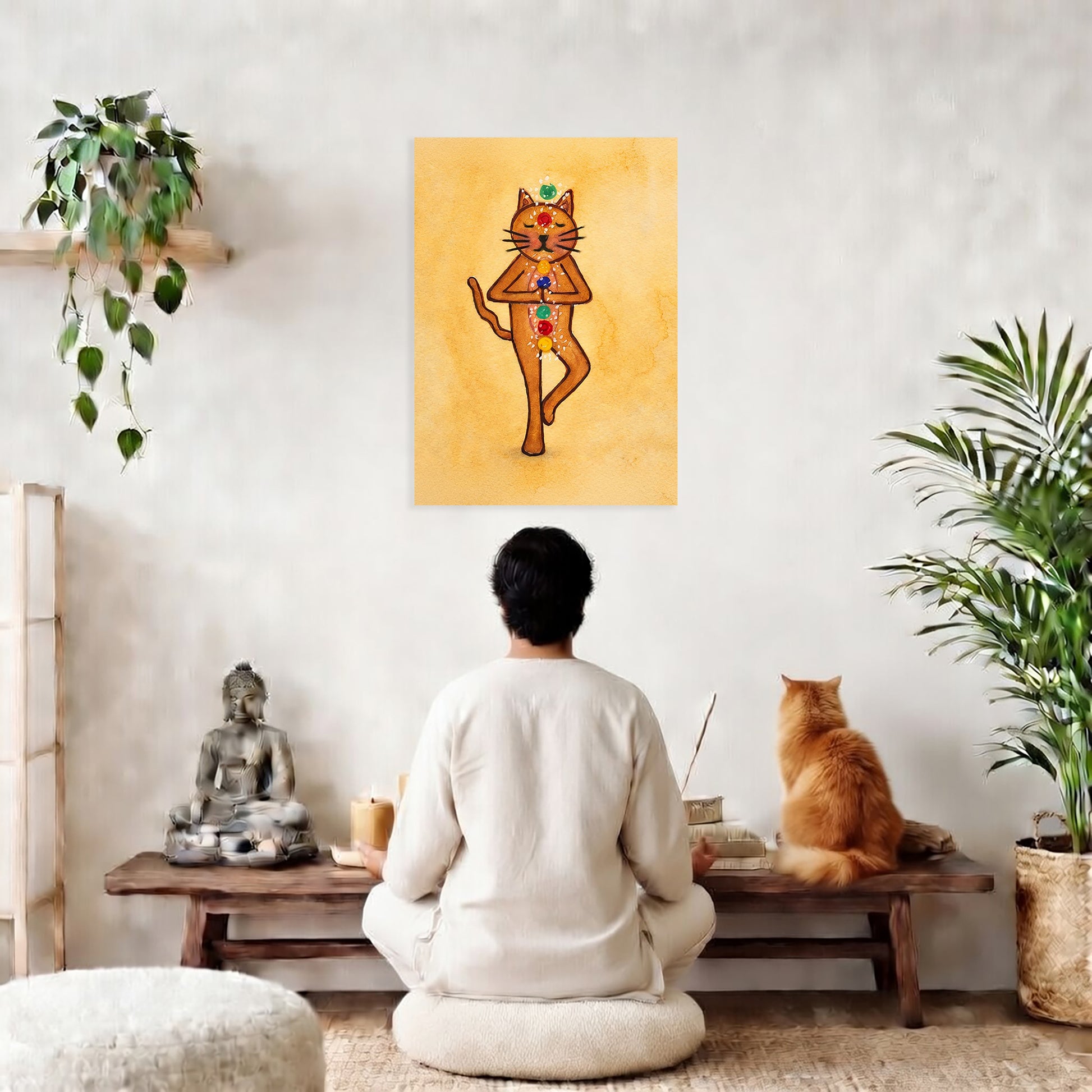 Person meditating with a cat on a table, framed artwork of a dancing cat on the wall.