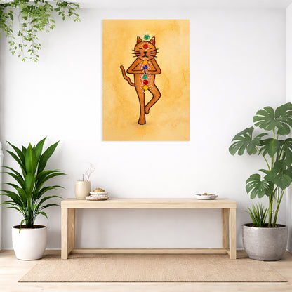 Decorative wall art of a cat with chakra symbols on an orange background, displayed in a room with plants and a wooden bench.