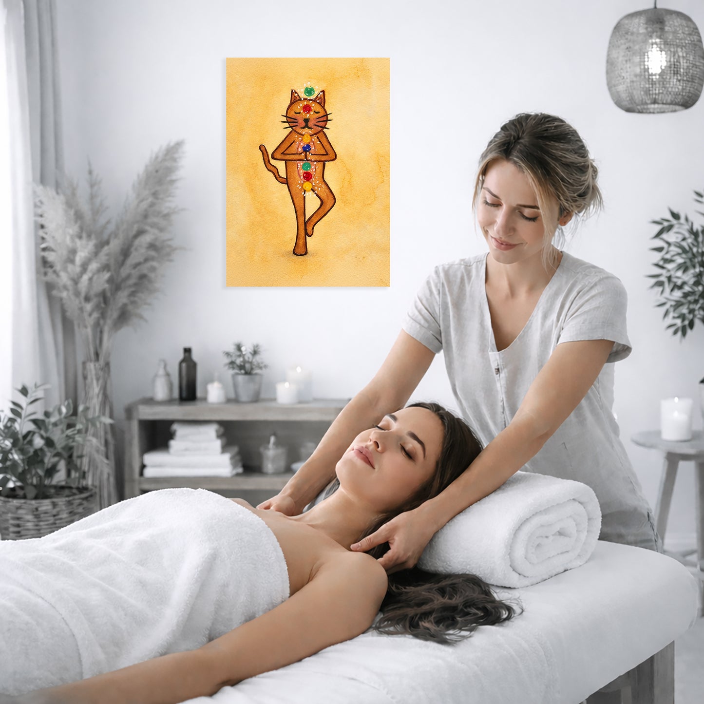Woman receiving a massage in a spa setting with a painting of a cat on the wall.