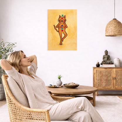 Woman relaxing in a living room with a painting of a cat on the wall.
