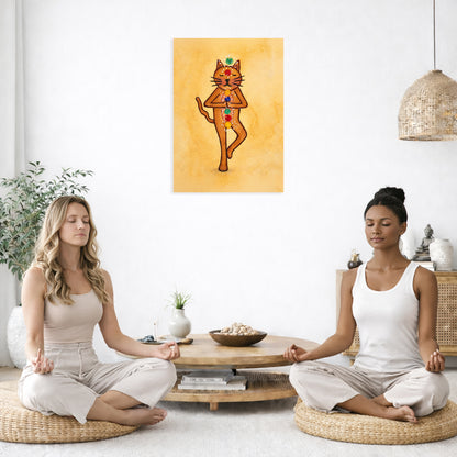 Two women meditating in a room with a painting of a chakra cat on the wall.