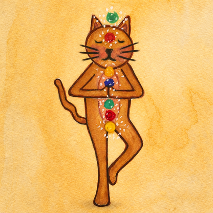 Illustration of a cat with chakra stones on a yellow background