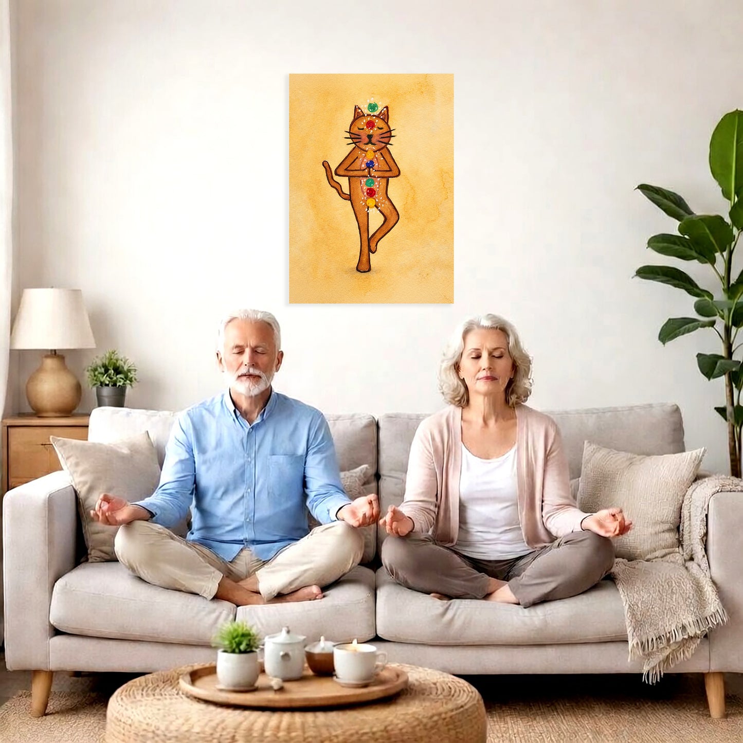 Two people meditating on a couch with a wall art of a cat in a yoga pose above them.