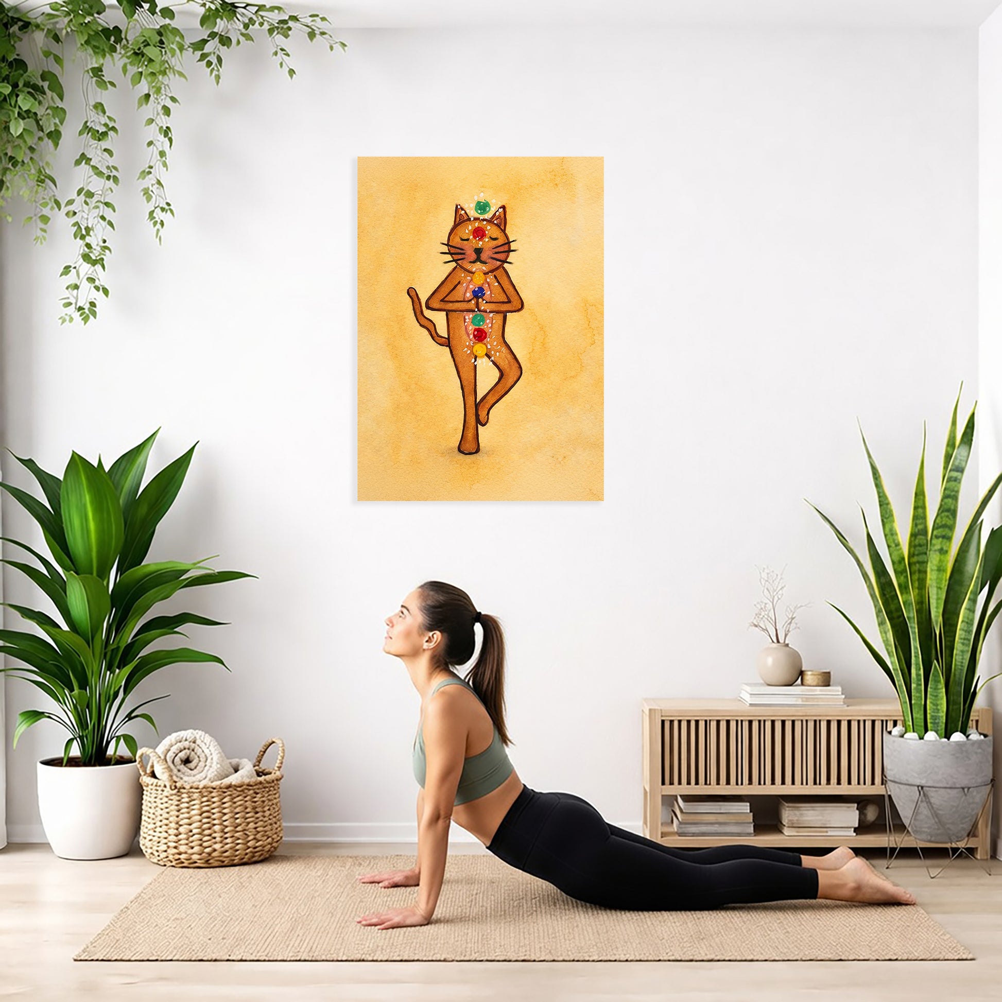 Woman practicing yoga in a room with plants and a wall art of a dancing cat with chakras.