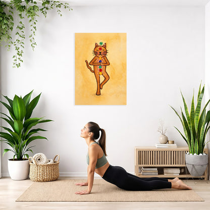 Woman practicing yoga in a room with plants and a wall art of a dancing cat with chakras.