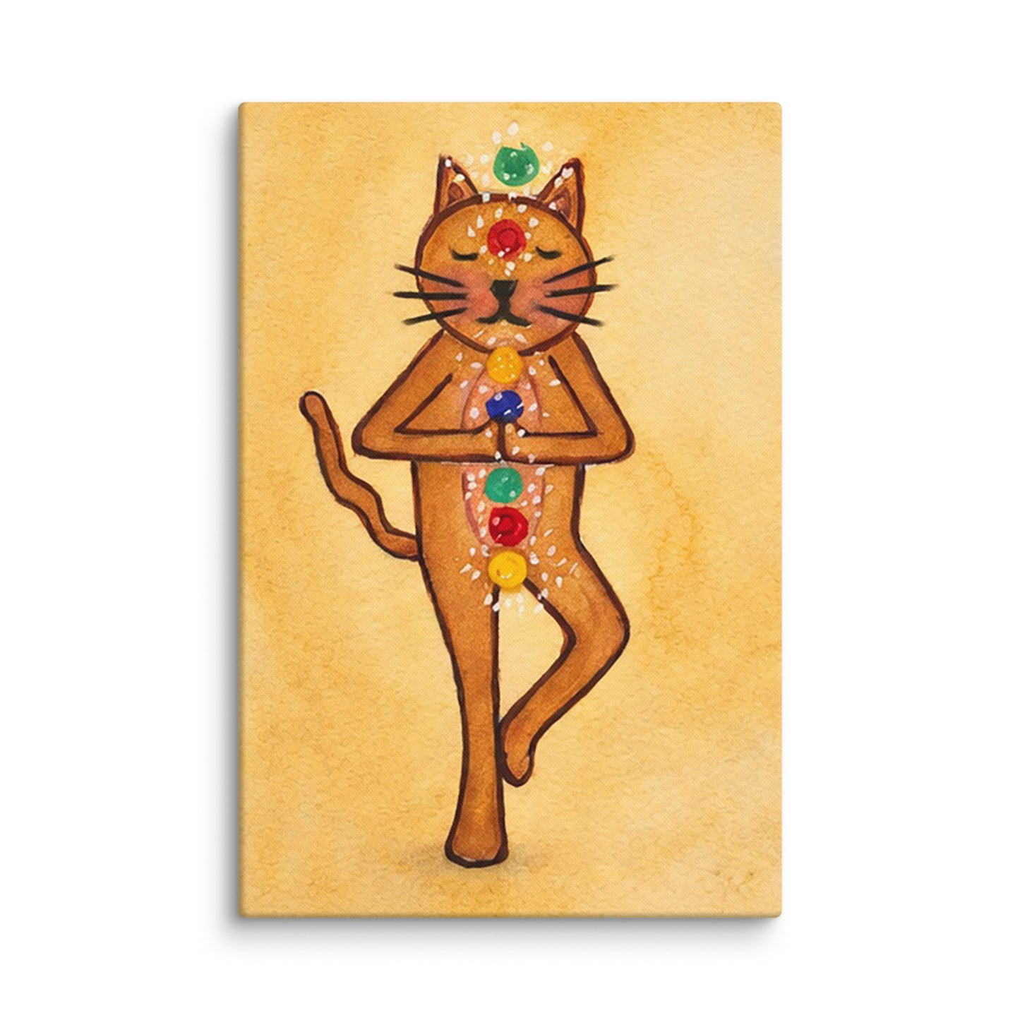 Canvas print of a cat with chakra colors on a beige background