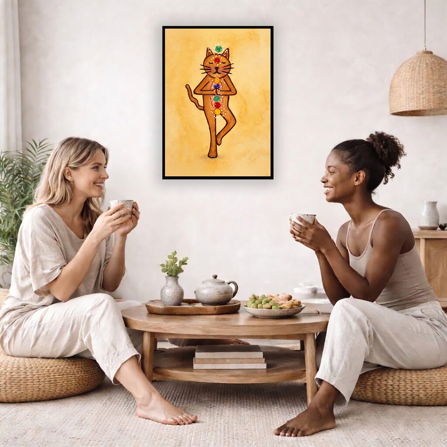 Cat in Standing Meditation with Glowing Chakras Framed Poster – Zen Feline Art