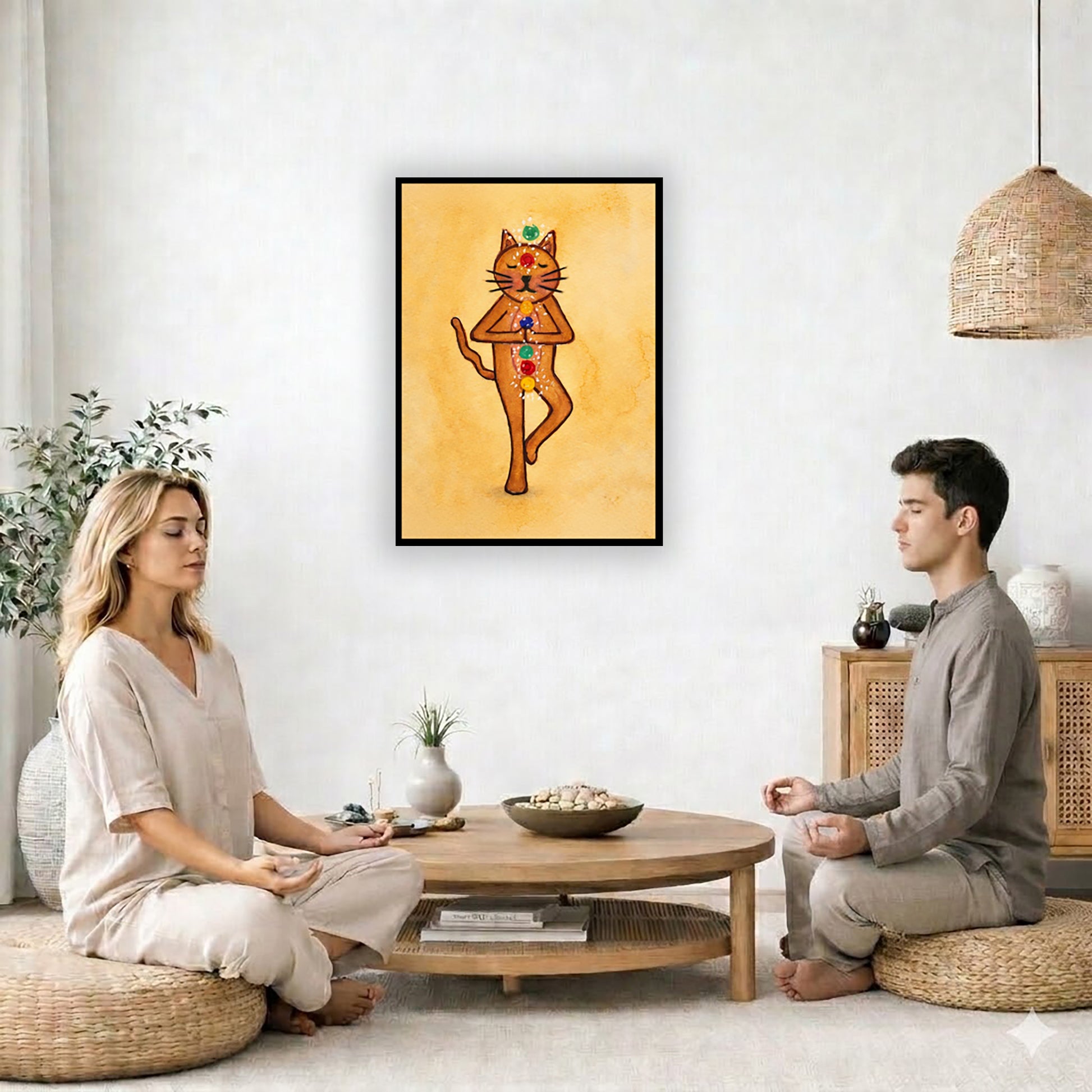 A brown cat standing in meditation with its chakras glowing framed poster.   This is a print of the original hand-painted watercolor by Brazilian artist Thaís Suizo. The poster is in the center of the living room wall. Two friends are sitting on wicker pillows meditating. Between them is a small round coffee table with incense, a green potted plant and a bowl of shells. There is a potted plant to the left and a Buddha statue and a vase to the right. 