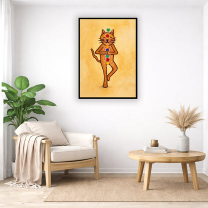 A brown cat standing in meditation with its chakras glowing framed poster.   This is a print of the original hand-painted watercolor by Brazilian artist Thaís Suizo. The poster is in the center of the living room wall. Below the poster to the left is a living room chair, a floor plant and white curtains. To the right is a small table with books, a candle and a vase with dry flora.
