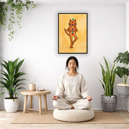 A brown cat standing in meditation with its chakras glowing framed poster.   This is a print of the original hand-painted watercolor by Brazilian artist Thaís Suizo.  There is a woman meditating on a pillow facing away from the wall. There is a small table beside her with incense and meditation stones. There are potted plants on the right and left side of the background.
