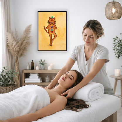 A brown cat standing in meditation with its chakras glowing framed poster.  The poster is on the wall of the office of a massage therapist. The therapist is giving her female client a massage. The client is lying face up on a massage table wearing a white towel. To the left is a window, floor plant and large vase of dry flora. A shelf is underneath the poster with candles burning. There is a candle burning on a small table and a hanging lamp with a wicker shade on the right side.
