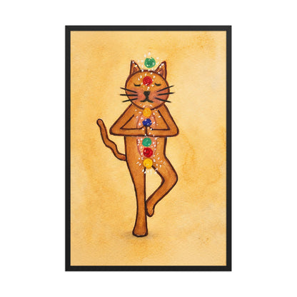 A brown cat standing in meditation with its chakras glowing framed poster.  
