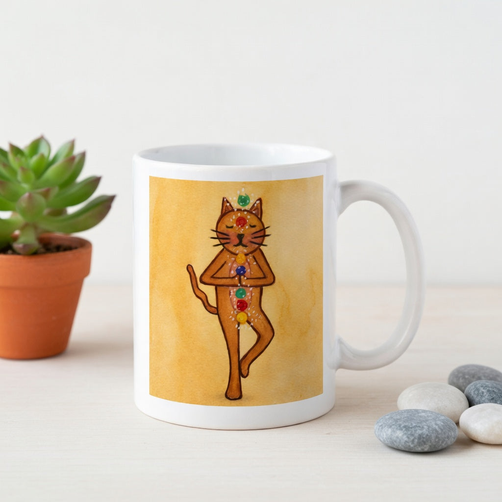 Brown cat standing in a meditation pose with glowing chakras along its body on a yellow background meditation mug. The mug is on a counter. Beside the mug are meditation stones. Behind the mug is a green potted plant.