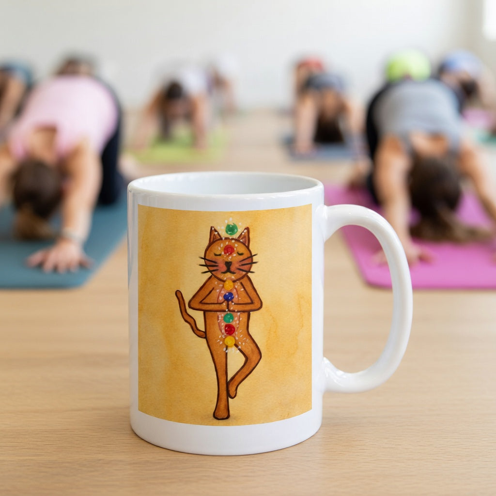 Brown cat standing in a meditation pose with glowing chakras along its body on a yellow background meditation mug.  The mug is in front of a yoga class doing the downward facing dog posture.