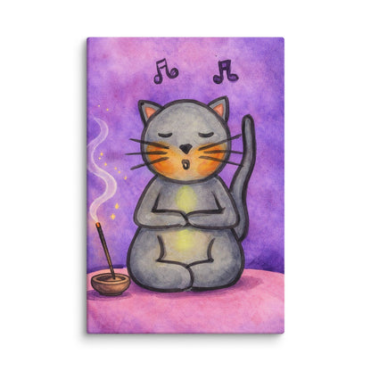 Canvas print with a meditating cat illustration on a purple and pink gradient background.