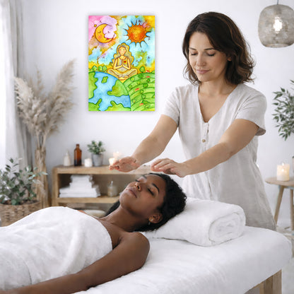 Canvas of a womans calm meditation beneath the sun and moon. The poster is on the wall of the office of a reiki master. The reiki master is giving her female client a massage. The client is lying face up on a massage table. The client is wearing a white towel. To the left is a window, a floor plant and a large vase of dry flora. There is shelf underneath the poster with candles burning. There is also a candle burning on a small table on the right side. There is a lamp hanging from the ceiling on to the righ