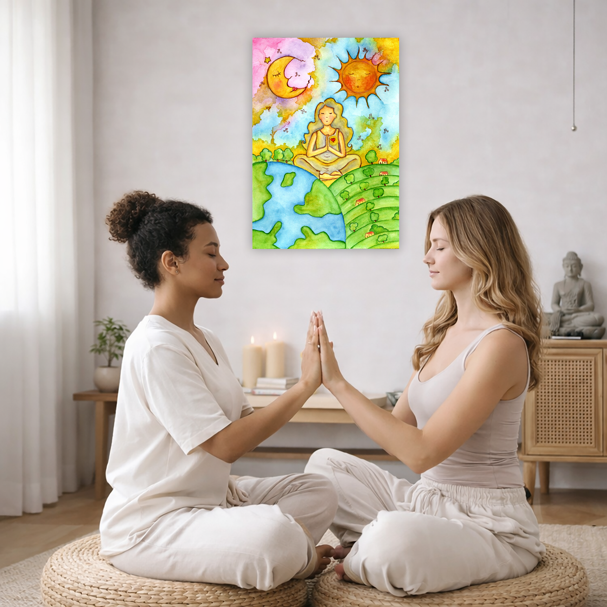 Canvas of a womans calm meditation beneath the sun and moon. The canvas is in the center of the living room wall. Two women are sitting on wicker pillows face to face with their hands pressing against one another, transferring healing energy. Behind them is a coffee table with two burning candles, some books and a potted plant. To the left is a cabinet with a Buddha statue on it.
