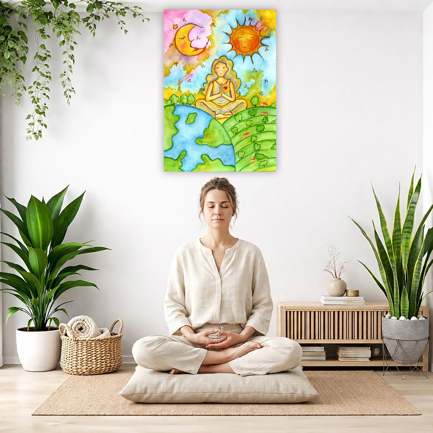 Canvas of a womans calm meditation beneath the sun and moon. The canvas is in the center of the living room wall. There is a woman meditating facing away from the wall. Behind her is a coffee table with incense and a Buddha statue. There are potted plants on the right and left side of the background.
