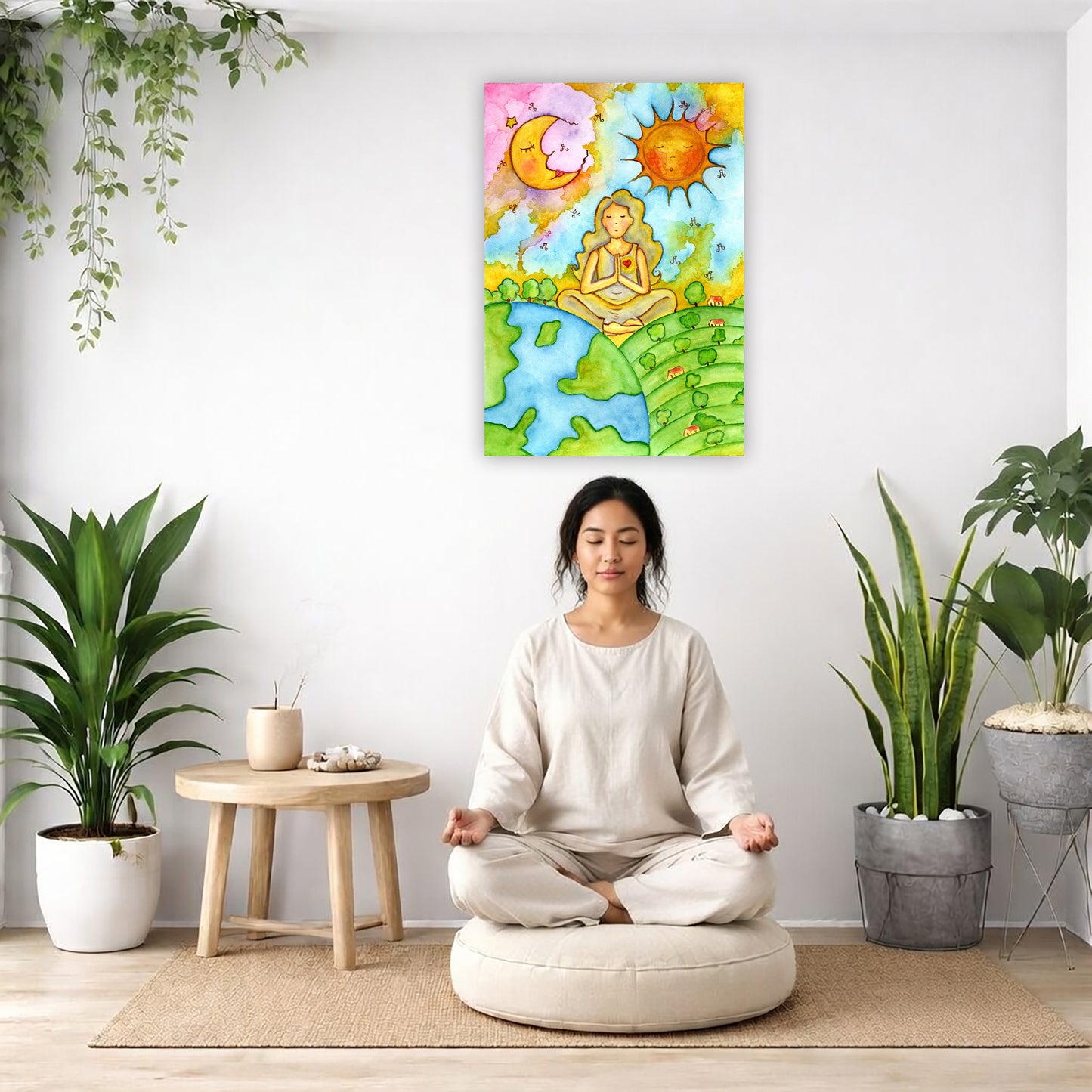 Canvas of a womans calm meditation beneath the sun and moon.  The poster is  in the center of the living room wall. There is an Asian woman meditating facing away from the wall. Behind her is a coffee table with incense. There are potted plants on the right and left side of the background.
