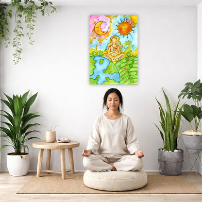 Canvas of a womans calm meditation beneath the sun and moon.  The poster is  in the center of the living room wall. There is an Asian woman meditating facing away from the wall. Behind her is a coffee table with incense. There are potted plants on the right and left side of the background.
