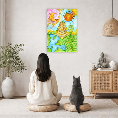 Canvas of a womans calm meditation beneath the sun and moon. The canvas is in the center of the living room wall. A woman and a cat are staring up at the poster. There is a potted plant on the left side and a cabinet with a Buddha statue, books and incense on the right side.
