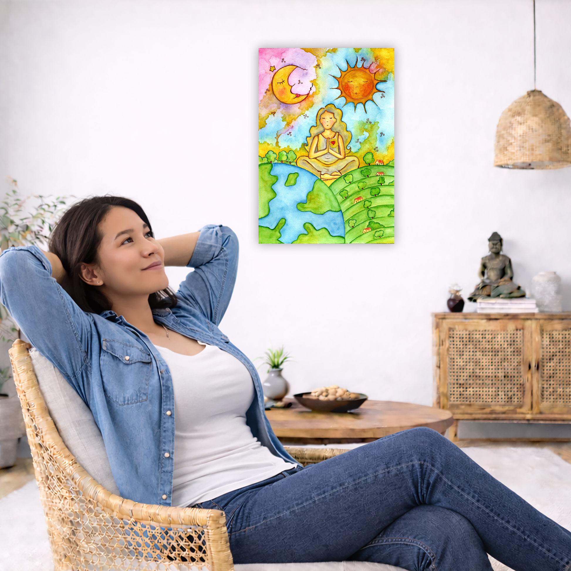 Poster of a womans calm meditation beneath the sun and moon.  The poster is framed and is in the center of the living room wall. To the left a woman is relaxing in her chair with her hands behind her head. There is a small coffee table beside her with a bowl of walnuts, incense and a small green plant. On the right side of the room is a cabinet with a Buddha statue, books and an urn on it. To the left is a green floor plant. 