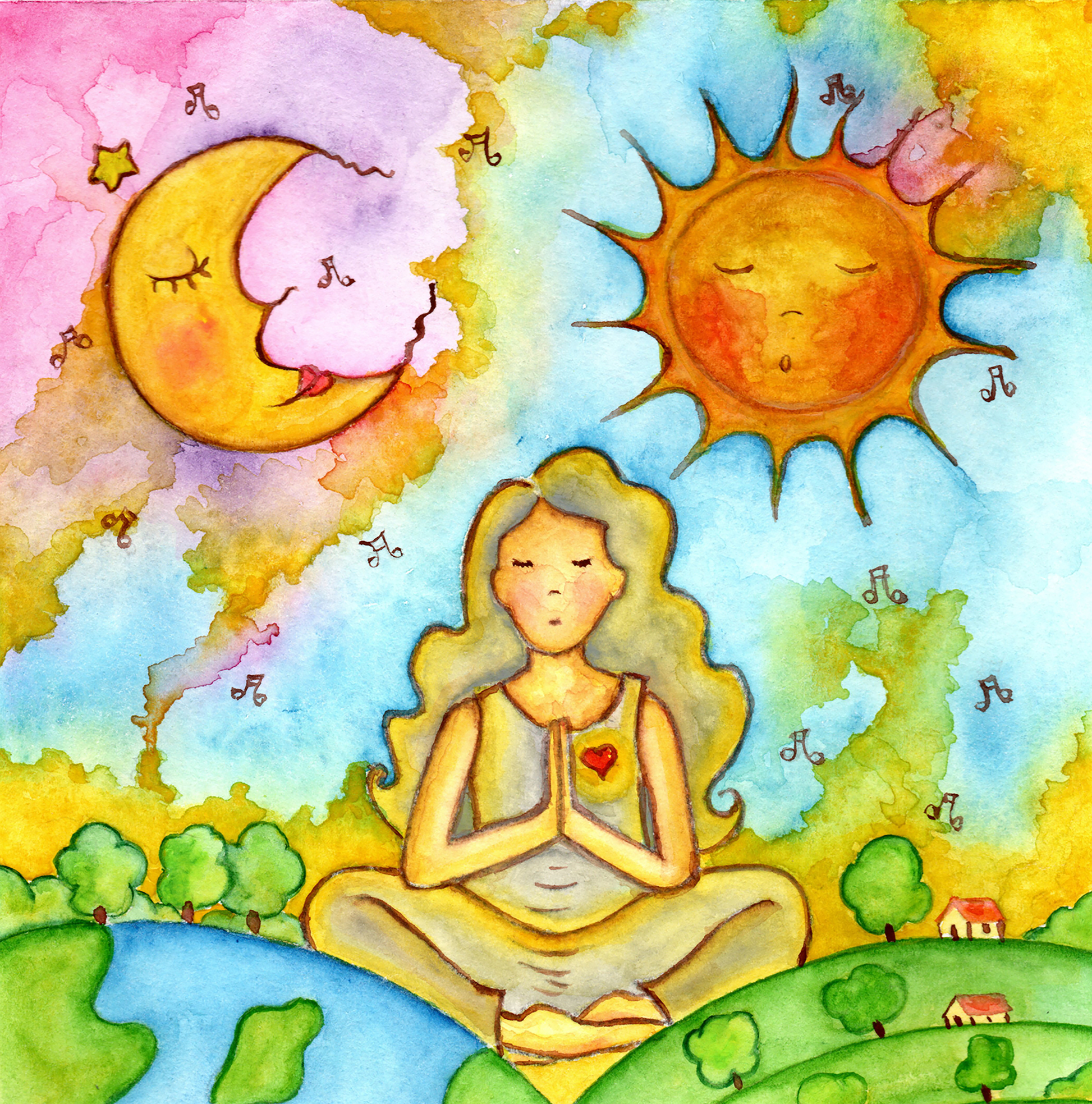 Thumbnail of a womans calm meditation beneath the sun and moon. This is a thumbnail of the original hand-painted watercolor by Brazilian artist Thaís Suizo for the LET'S MEDITATE SERIES of mediation guides.
 