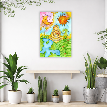 Canvas of a womans calm meditation beneath the sun and moon. The poster is framed and is in the center of the living room wall. Below the poster is an a variety of green potted plants including a few cactus.
