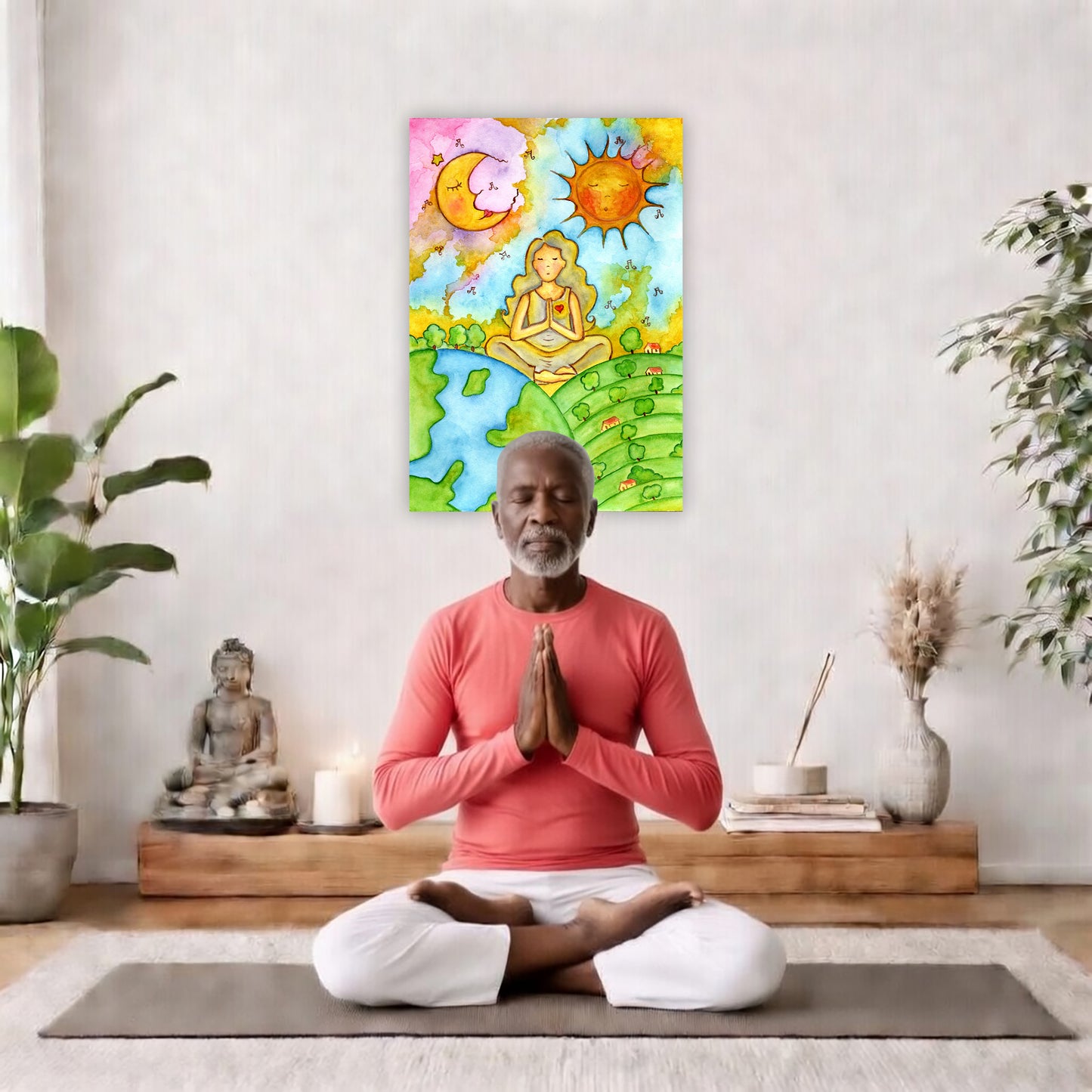 Poster of a womans calm meditation beneath the sun and moon.  The poster is framed and is in the center of the living room wall. There is a man meditating facing away from the wall. Behind him is a coffee table with incense and a Buddha statue. There are potted plants on the right and left side of the background.
