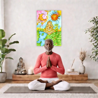 Poster of a womans calm meditation beneath the sun and moon.  The poster is framed and is in the center of the living room wall. There is a man meditating facing away from the wall. Behind him is a coffee table with incense and a Buddha statue. There are potted plants on the right and left side of the background.
