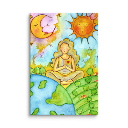 Canvas of a womans calm meditation beneath the sun and moon. This is a print of the original hand-painted watercolor by Brazilian artist Thaís Suizo for the LET'S MEDITATE SERIES of mediation guides.
 