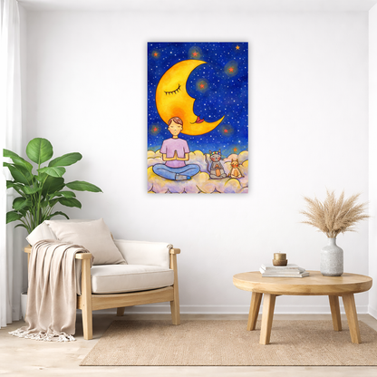 Man and his cats are meditating atop a cloud under the moon in a mindfulness poster. The canvas is in the center of the living room wall. Below the poster to the left is a living room chair, a floor plant and white curtains. To the right is a small table with books, a candle and a vase with dry flora.
