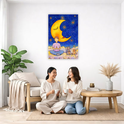 Man and his cats are meditating atop a cloud under the moon in a mindfulness poster.  The canvas is in the center of the living room wall. Two women are sitting on a wicker mat having a coffee. To the left is a green floor plant and curtained window. To the right of them is a small coffee table with books, a dry plant and a candle on it.
