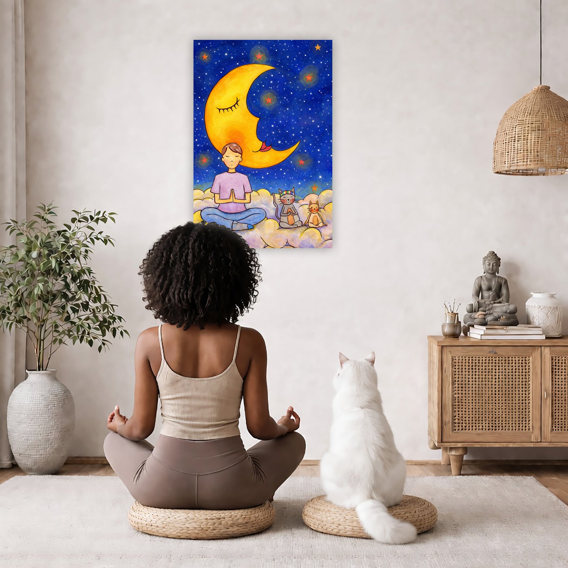 Man and his cats are meditating atop a cloud under the moon in a mindfulness poster.  The canvas is in the center of the living room wall. A woman and a white cat are staring up at the poster. There is a potted plant on the left side and a cabinet with a Buddha statue, books and incense on the right side.
