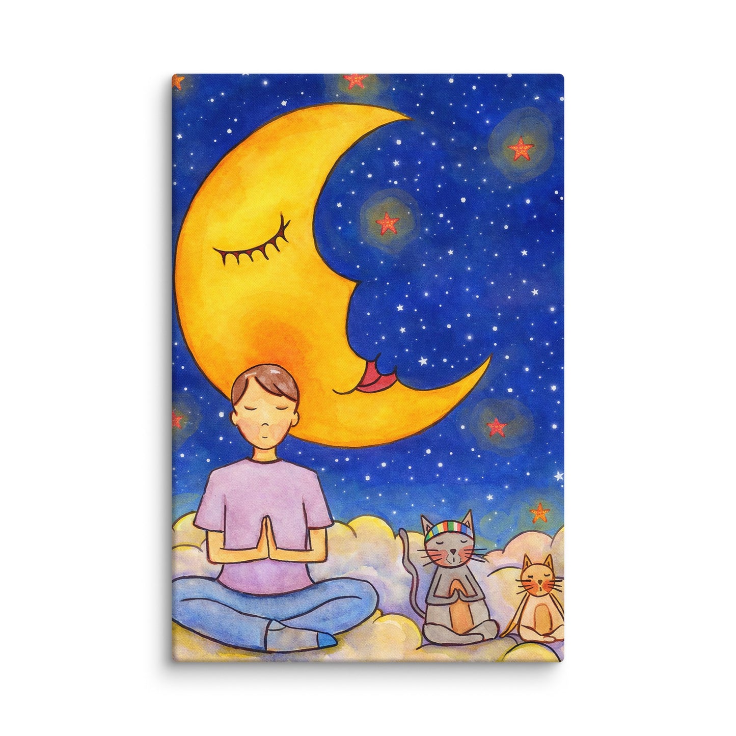Man and his cats are meditating atop a cloud under the moon in a mindfulness poster. This is a canvas of the original hand-painted watercolor by Brazilian artist Thaís Suizo for the LET'S MEDITATE SERIES of mediation guides.