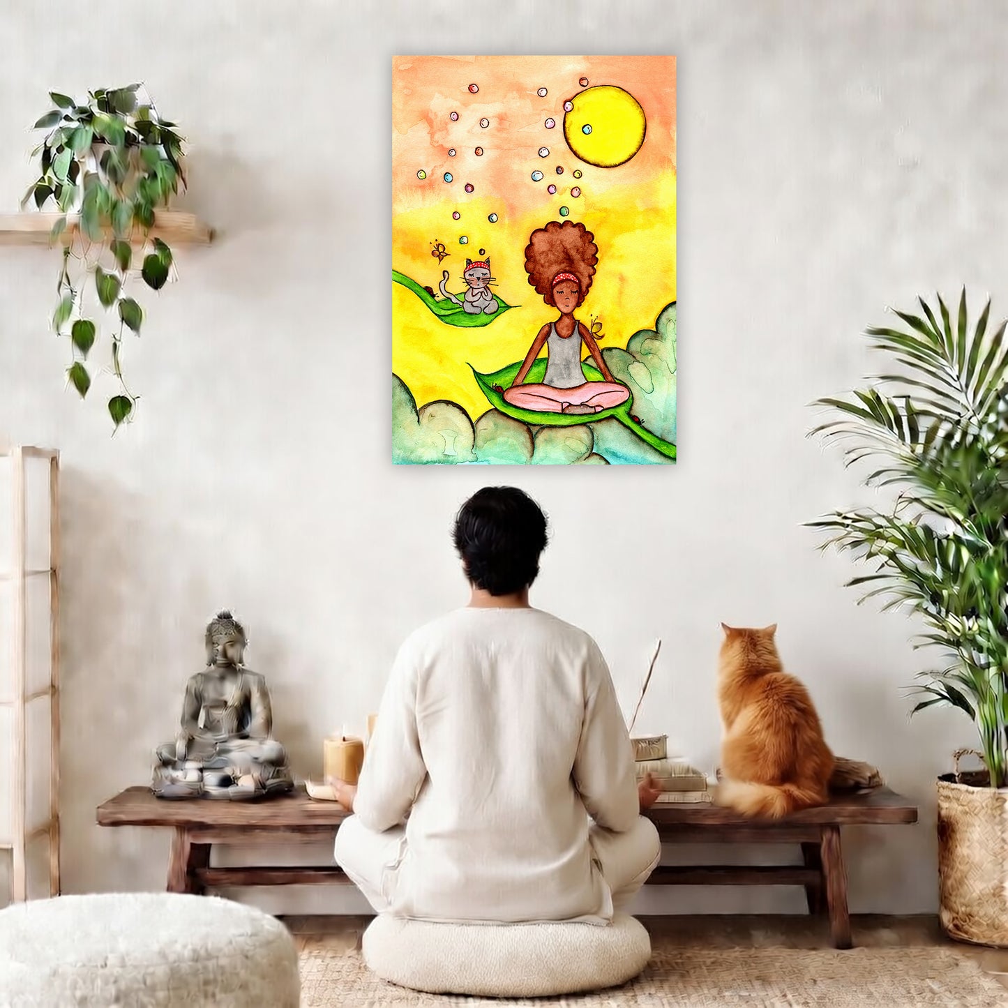 Canvas of a woman and her cat meditating while sitting on leaves.  The canvas is in the center of the living room wall. A man is meditating facing the poster. In front of him is a coffee table with a Buddha statue and burning candle on the left and incense and an orange cat staring at the poster on the right. There is a green potted plant on both the left and right side of the coffee table.
