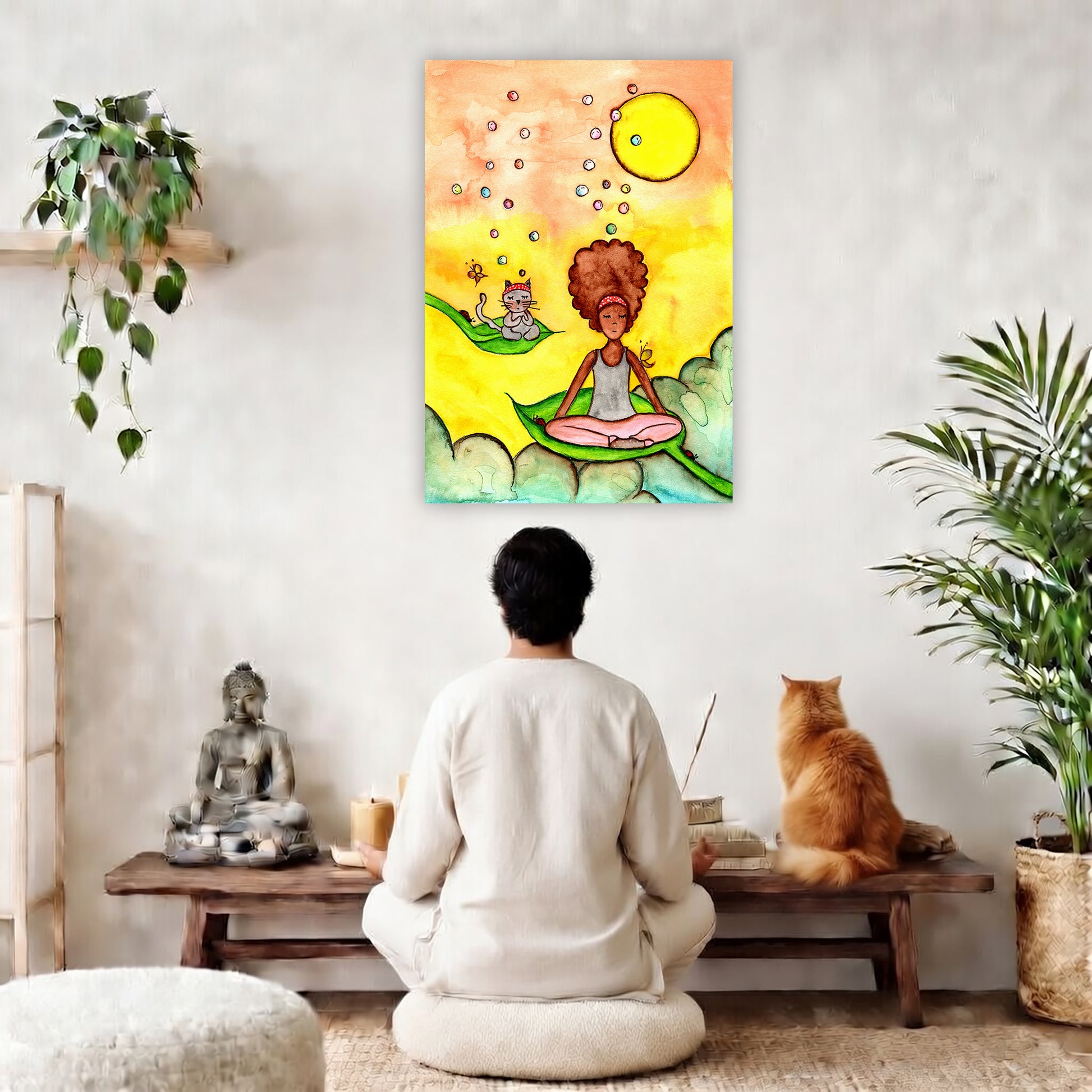 Canvas of a woman and her cat meditating while sitting on leaves.  The canvas is in the center of the living room wall. A man is meditating facing the poster. In front of him is a coffee table with a Buddha statue and burning candle on the left and incense and an orange cat staring at the poster on the right. There is a green potted plant on both the left and right side of the coffee table.

